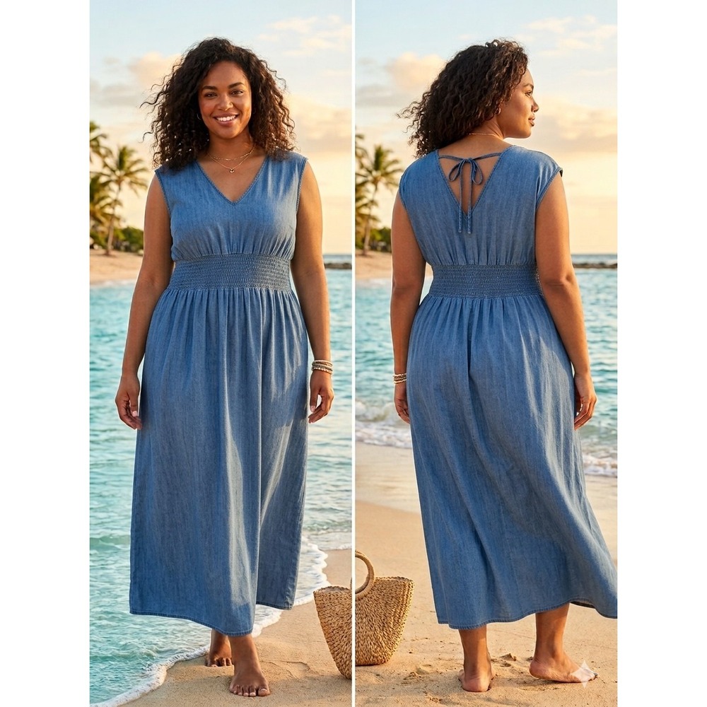 Old Navy Chambray Midi Dress Smocked Waist Tie Back Denim Look Cotton 2XL